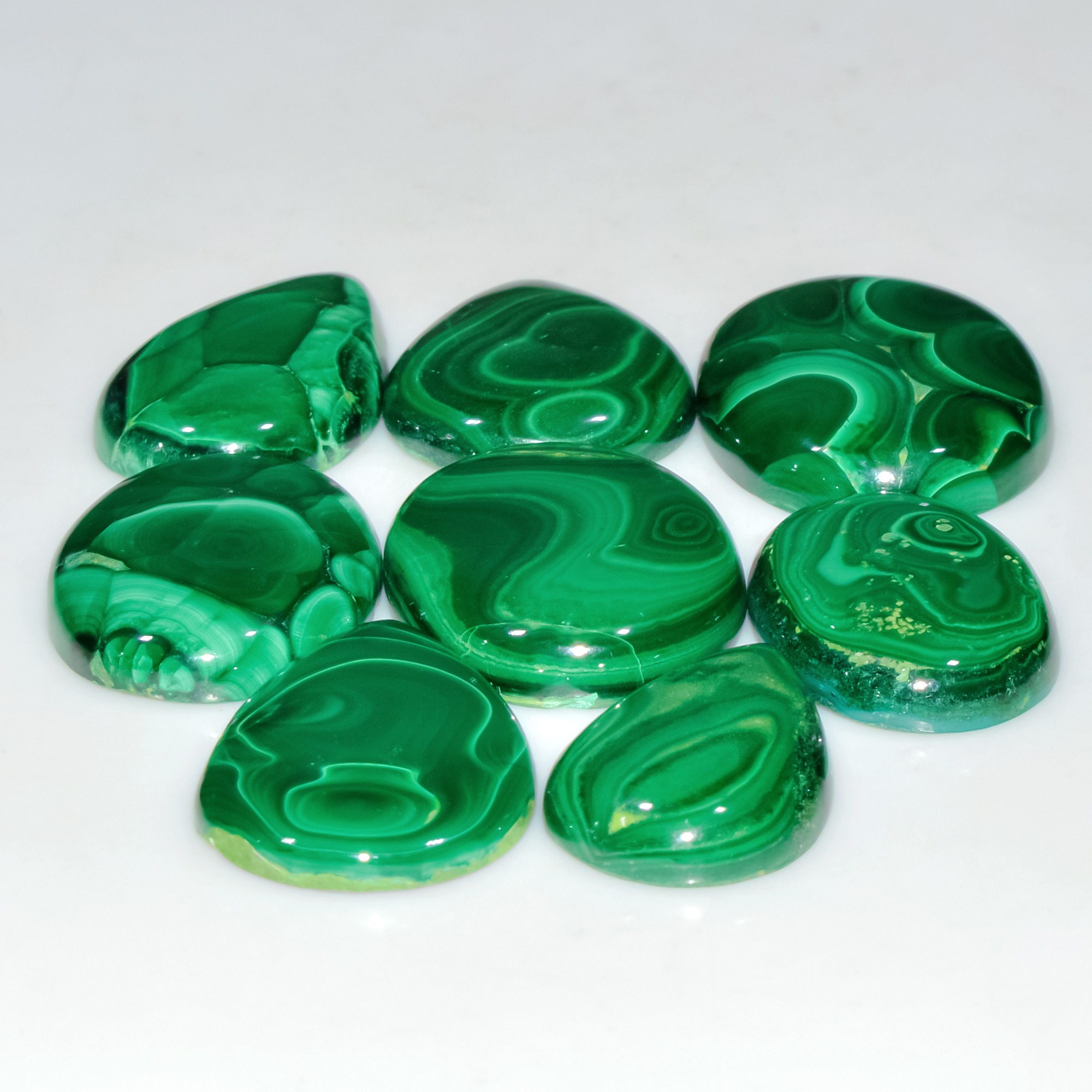 8 Pcs 309 Cts Natural Malachite Mix Shape Size Back Unpolished Cabochon Gemstone Lot 29x21 24x15mm 3791