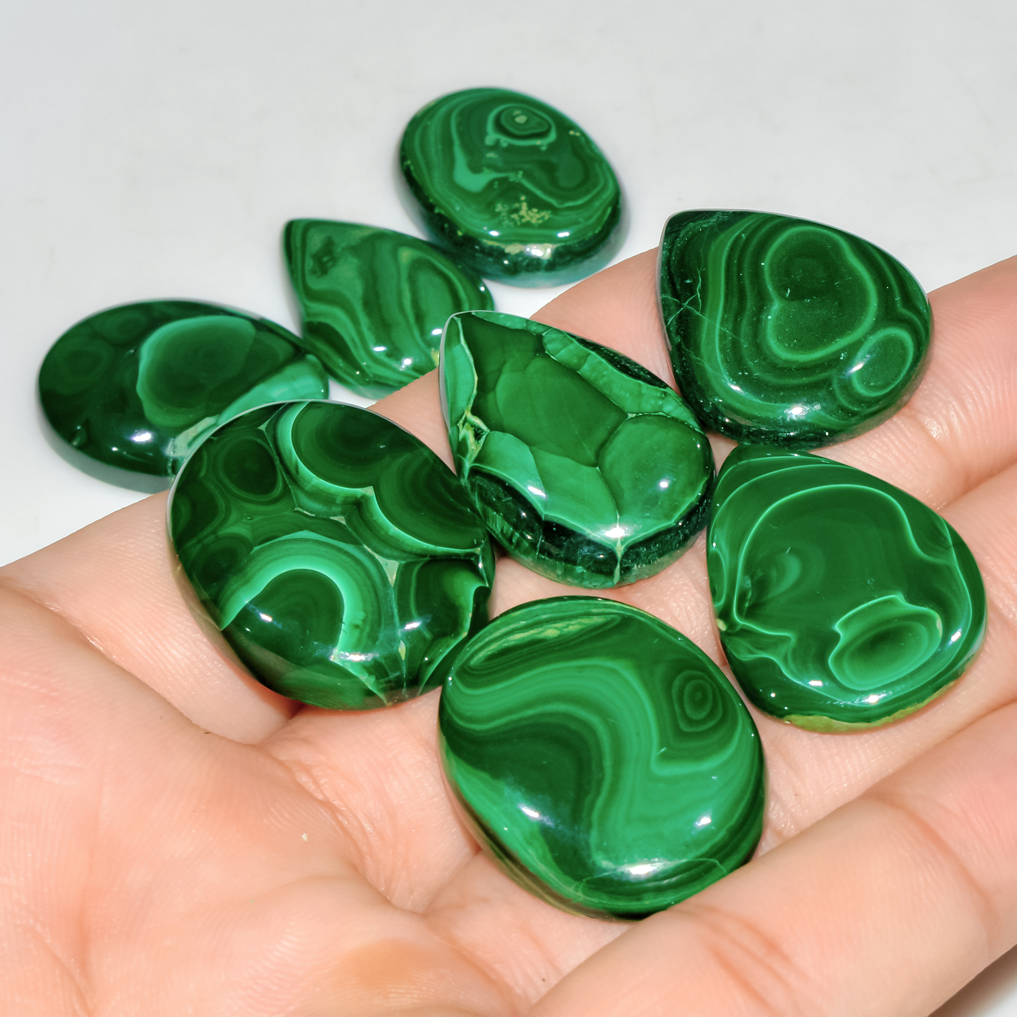 8 Pcs 309 Cts Natural Malachite Mix Shape Size Back Unpolished Cabochon Gemstone Lot 29x21 24x15mm 3791