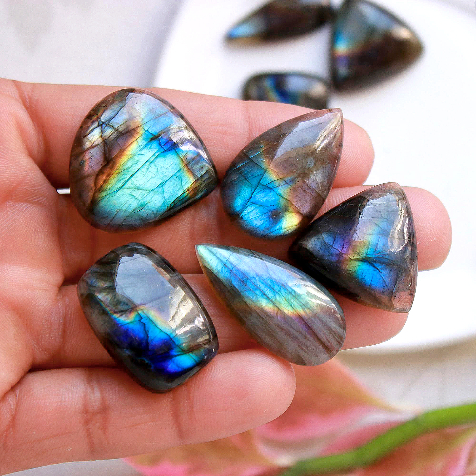 9 Pcs.213 Cts Natural labradorite Cabochon Loose Gemstone For Jewelry Wholesale Lot Size 31x15 20x14mm