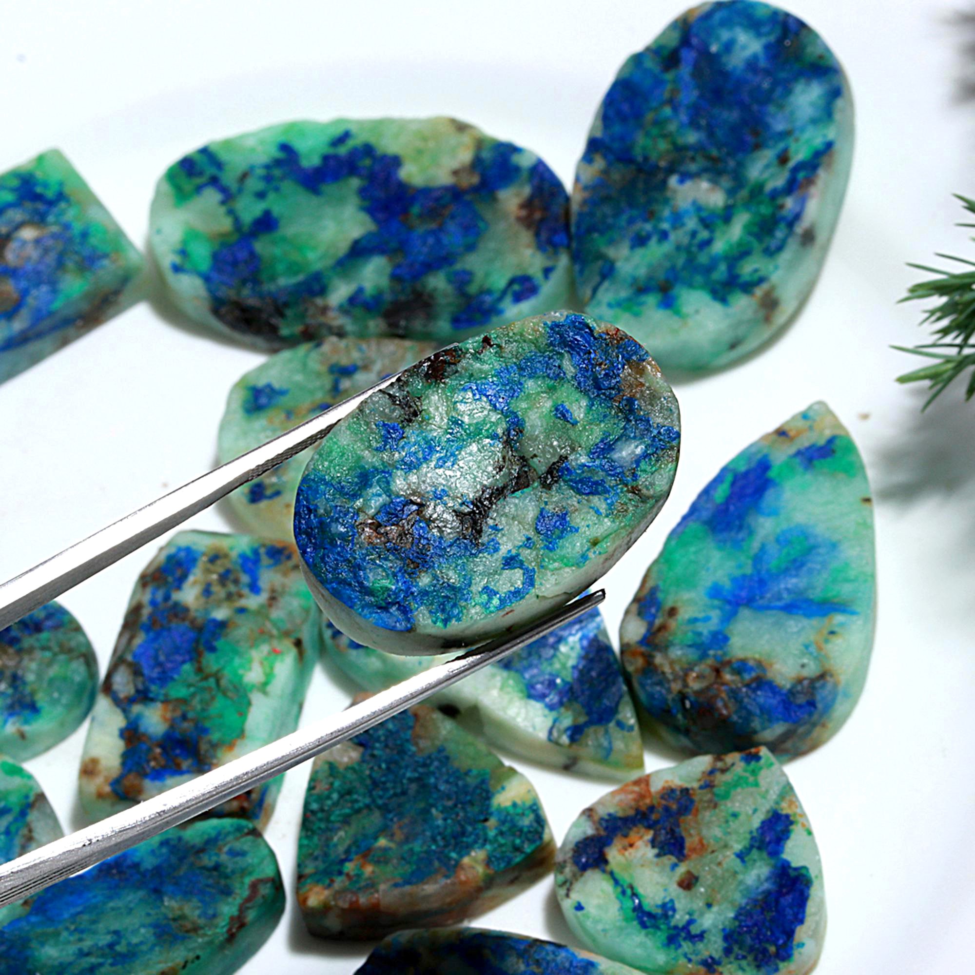 17 Pcs 582.Cts Natural Azurite Druzy Unpolished Loose Cabochon Gemstone For Jewelry Wholesale Lot Size 40x25 22x23mm
