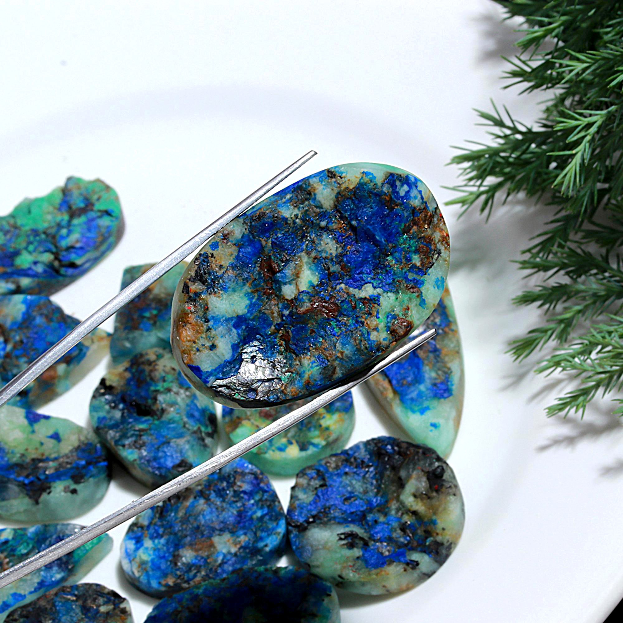 15 Pcs 618.Cts Natural Azurite Druzy Unpolished Loose Cabochon Gemstone For Jewelry Wholesale Lot Size 48x18 22x23mm
