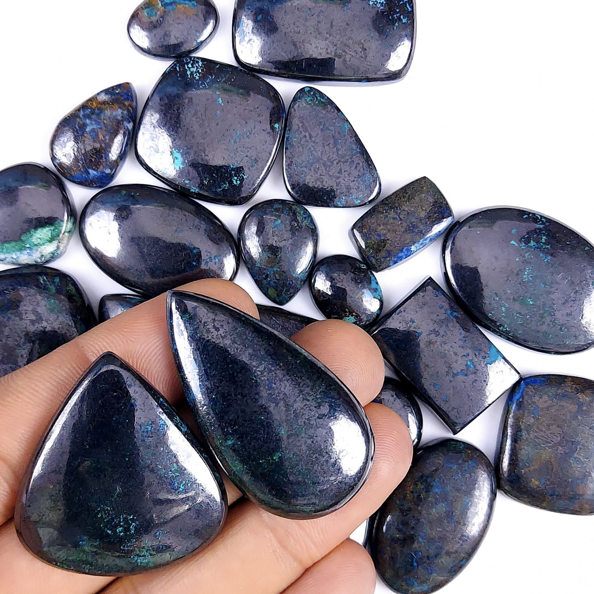 21Pcs 839Cts  Natural Blue Azurite Gemstone Cabochon Lot Azurite Crystal Pendant Necklace Azurite Jewelry For Crystal Healing 40x20 12x9mm#G-399