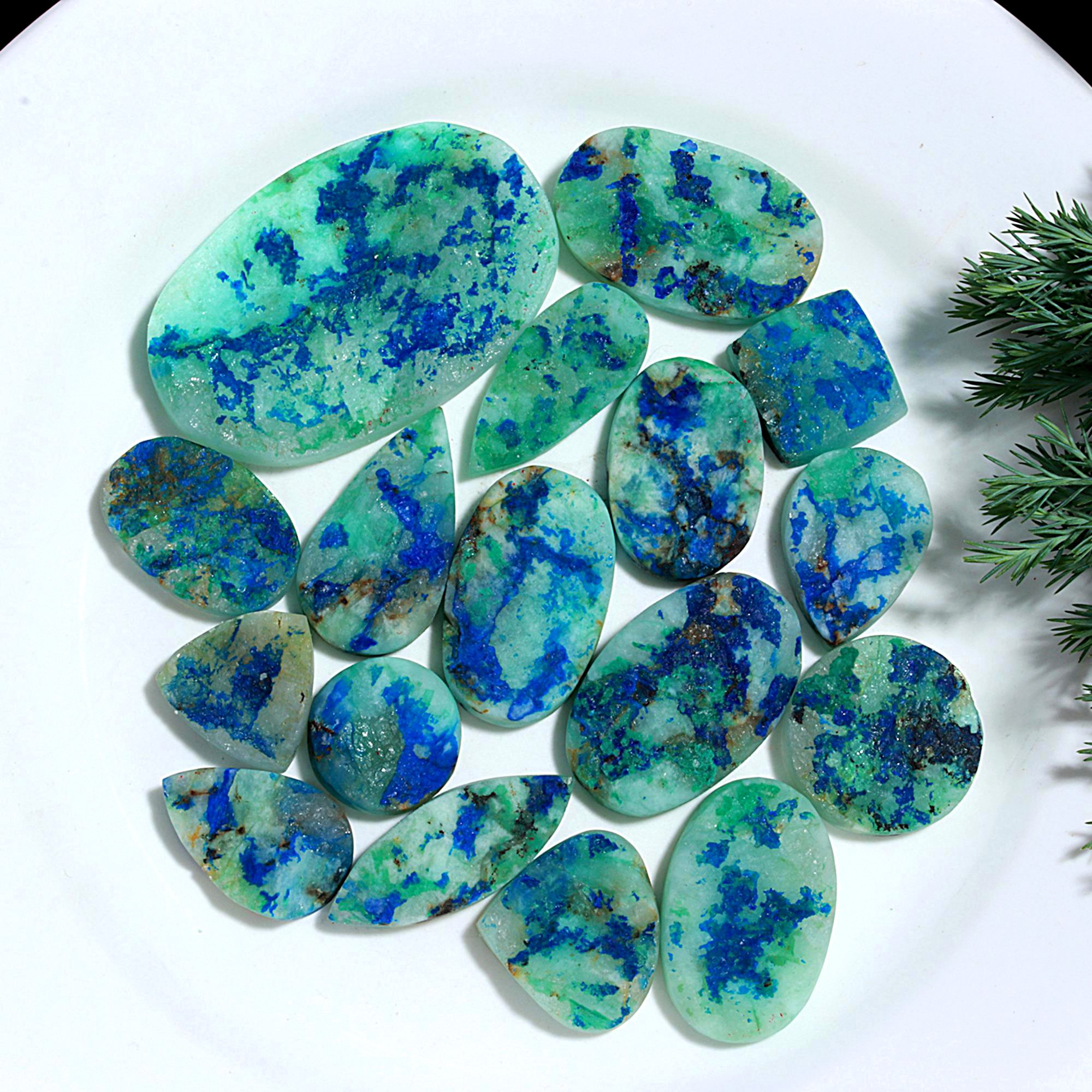 17 Pcs 580.Cts Natural Azurite Druzy Unpolished Loose Cabochon Gemstone For Jewelry Wholesale Lot Size 53x33 19x20mm#1179
