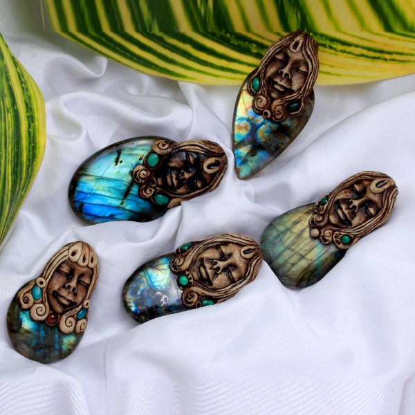 Natural Labradorite Gemstone Polymer Clay Mix Shape Necklace Pendant 469.Cts 5 Pcs Lot Wholesale Size 60x40mm