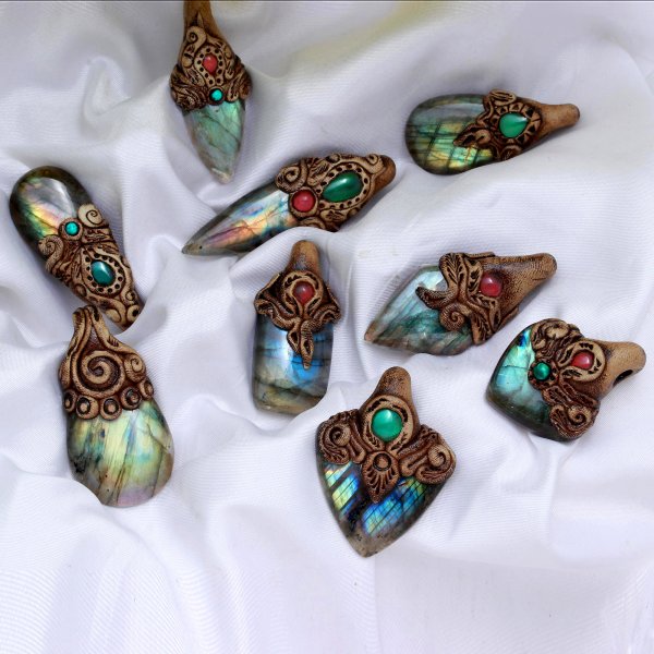Natural Labradorite Gemstone Polymer Clay Mix Shape Necklace Pendant 545.Cts 9 Pcs Lot Wholesale Size 60x40mm
