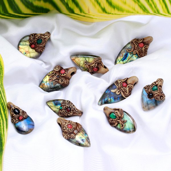 Natural Labradorite Gemstone Polymer Clay Mix Shape Necklace Pendant 618.Cts 10 Pcs Lot Wholesale Size 60x40mm