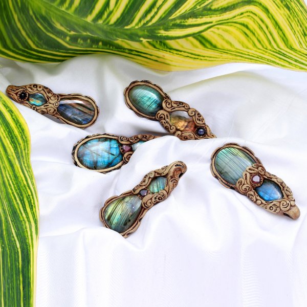Natural Labradorite Gemstone Polymer Clay Mix Shape Necklace Pendant 570.Cts 5 Pcs Lot Wholesale Size 60x40mm#1130