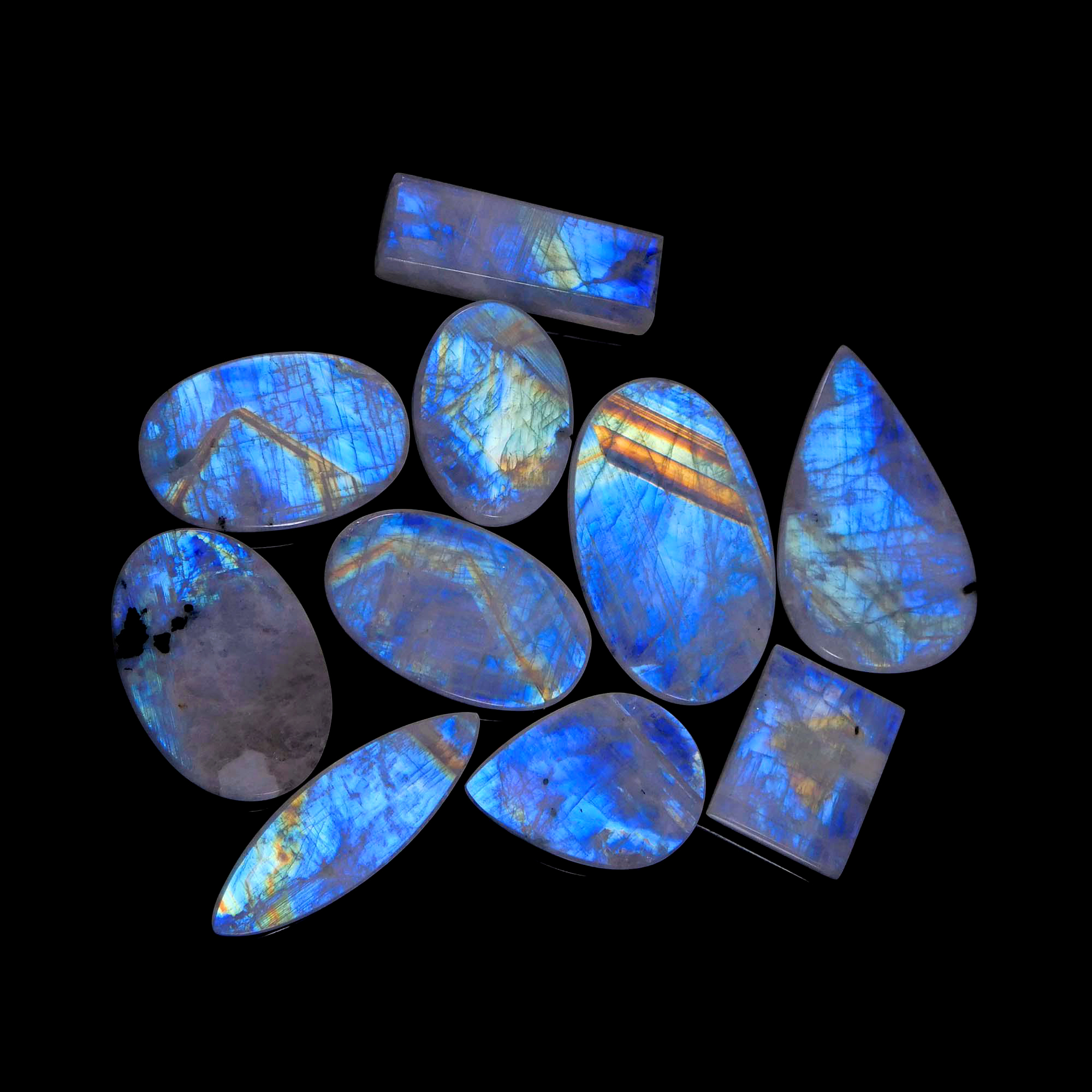 10 Pcs. 426Cts. Natural Blue Fire Rainbow Moonstone Mix Cabochon Wholesale Lot Gemstone 45X27 31X23 mm.