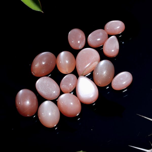 15 Pcs. 94Cts. Natural Peach Rainbow Moonstone polished Mix Cabochon Wholesale Loose Lot Size 18x10 15x9mm Gemstone for jewelry