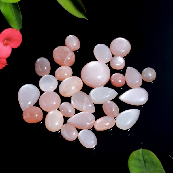 27 Pcs. 145Cts. Natural Peach Rainbow Moonstone polished Mix Cabochon Wholesale Loose Lot Size 26x26 8x8mm Gemstone for jewelry