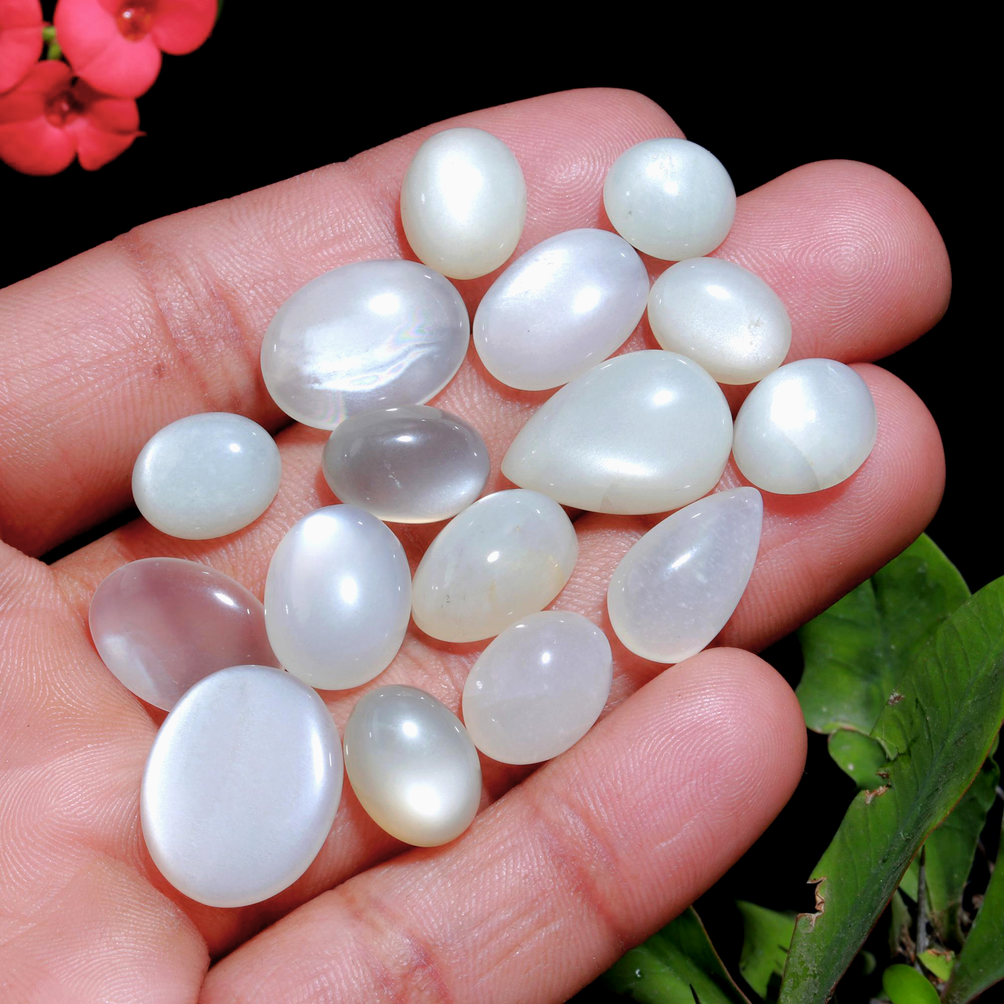 30 Pcs. 166Cts. Natural White Rainbow Moonstone polished Mix Cabochon Wholesale Loose Lot Size 18x14 11x9mm Gemstone for jewelry