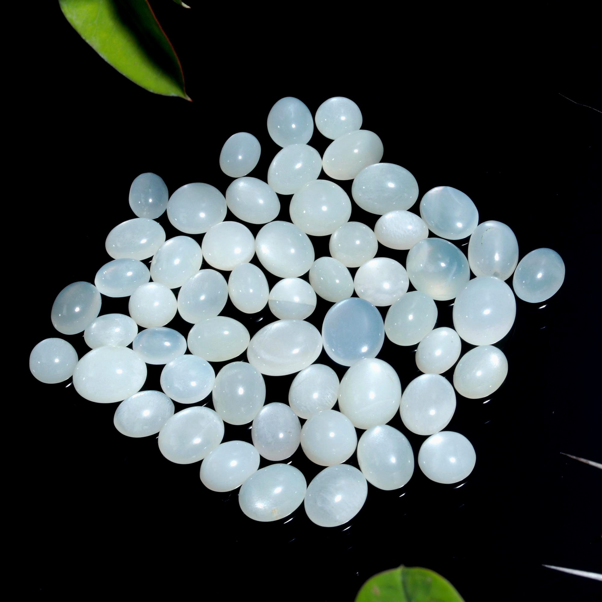 53 Pcs. 98Cts. Natural White Rainbow Moonstone polished Mix Cabochon Wholesale Loose Lot Size 10x7 6x6mm Gemstone for jewelry