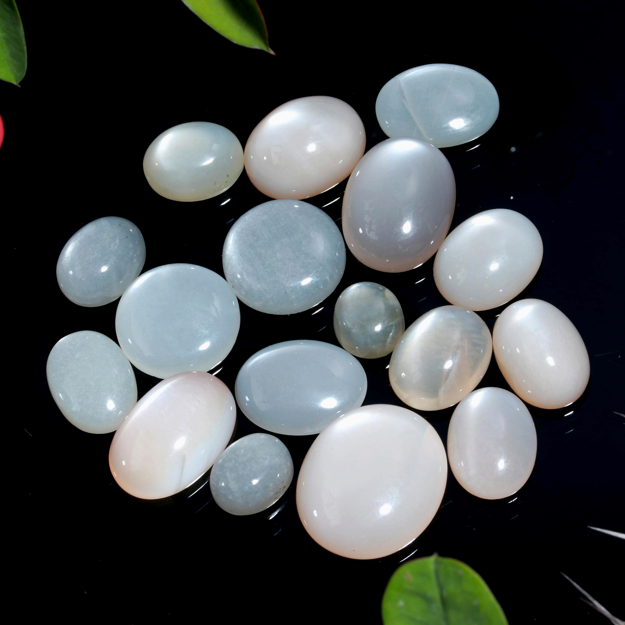 17 Pcs. 187Cts. Natural Grey Rainbow Moonstone polished Mix Cabochon Wholesale Loose Lot Size 22x18 14x14mm Gemstone for jewelry