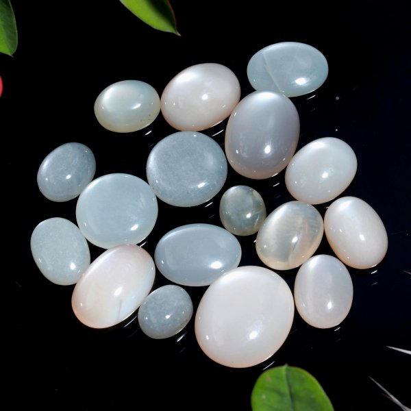 17 Pcs. 187Cts. Natural Grey Rainbow Moonstone polished Mix Cabochon Wholesale Loose Lot Size 22x18 14x14mm Gemstone for jewelry#1144