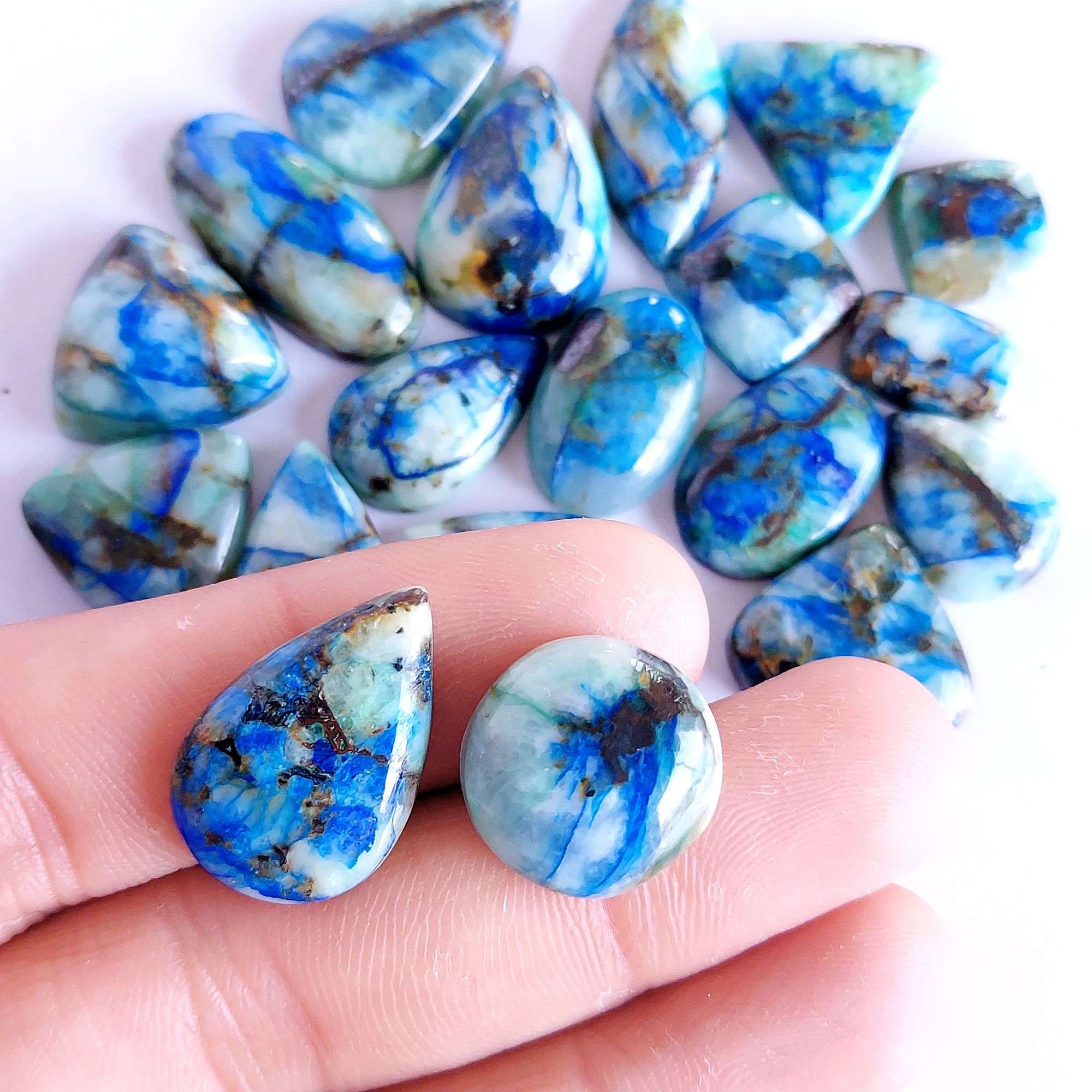 256.Cts 19 Pcs Natural Smooth Azurite Mix Loose Gemstone Cabochon Lot Size 26x12 14x14mm Wholesale Gemstone For jewelry