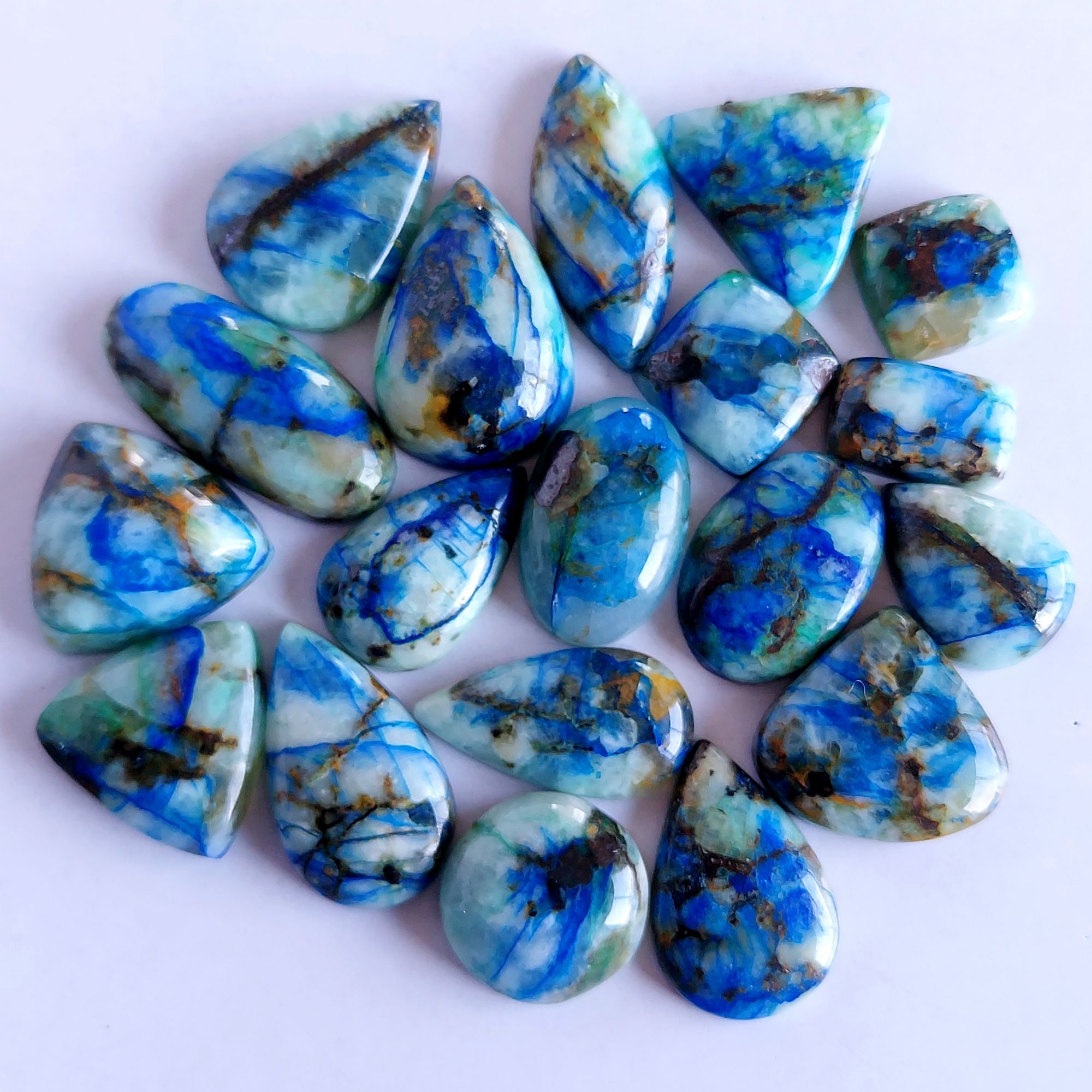 256.Cts 19 Pcs Natural Smooth Azurite Mix Loose Gemstone Cabochon Lot Size 26x12 14x14mm Wholesale Gemstone For jewelry