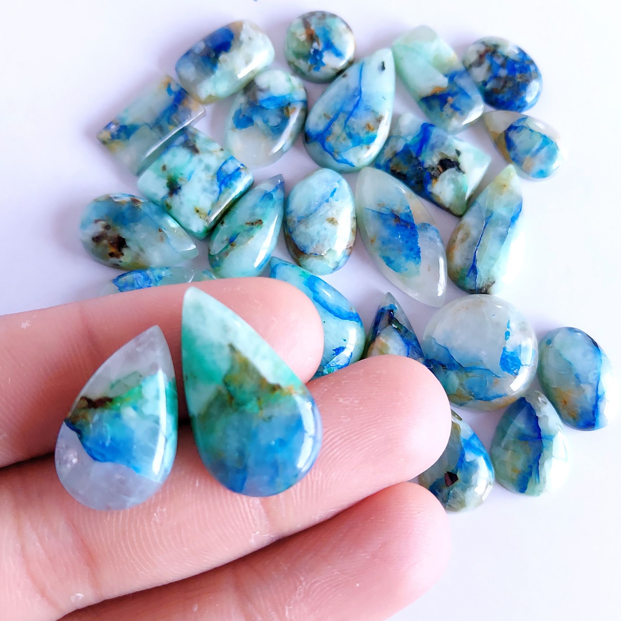 268.Cts 28 Pcs Natural Smooth Azurite Mix Loose Gemstone Cabochon Lot Size 25x14 12x12mm Wholesale Gemstone For jewelry