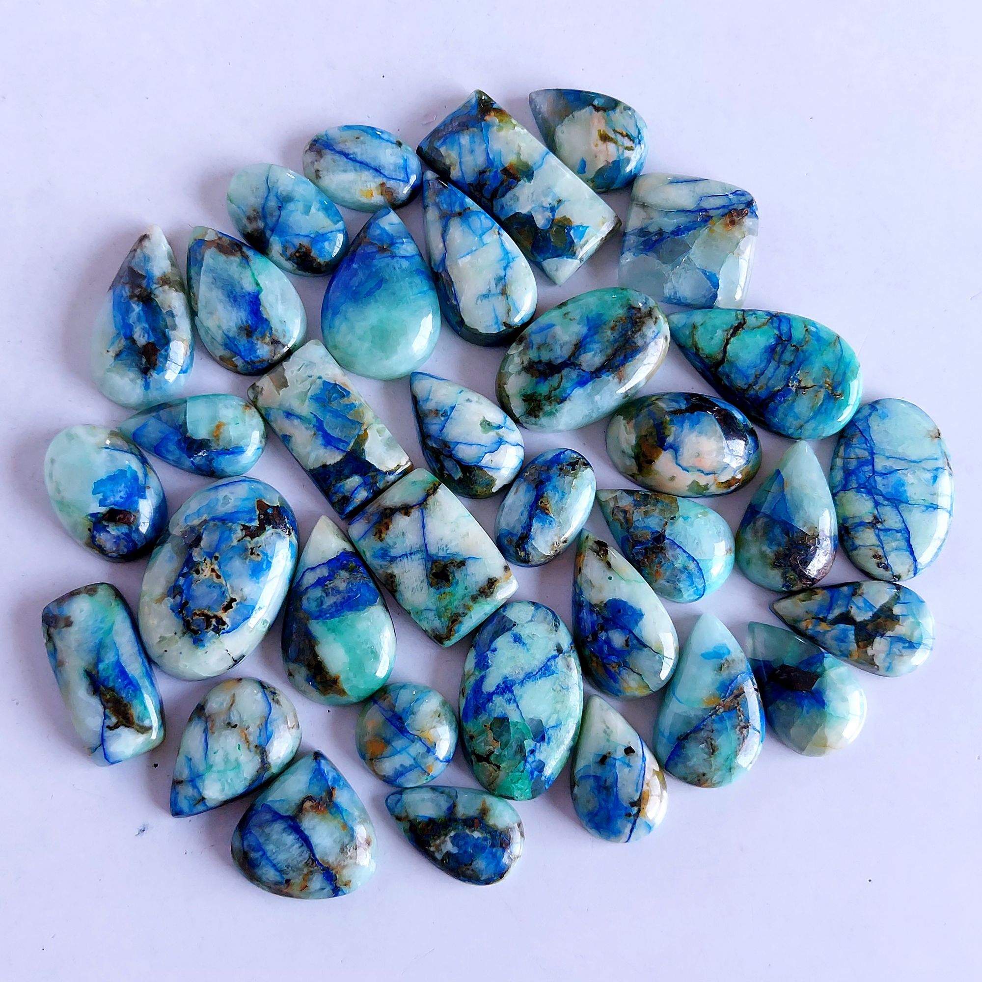 417.Cts 34 Pcs Natural Smooth Azurite Mix Loose Gemstone Cabochon Lot Size 26x12 13x13mm Wholesale Gemstone For jewelry