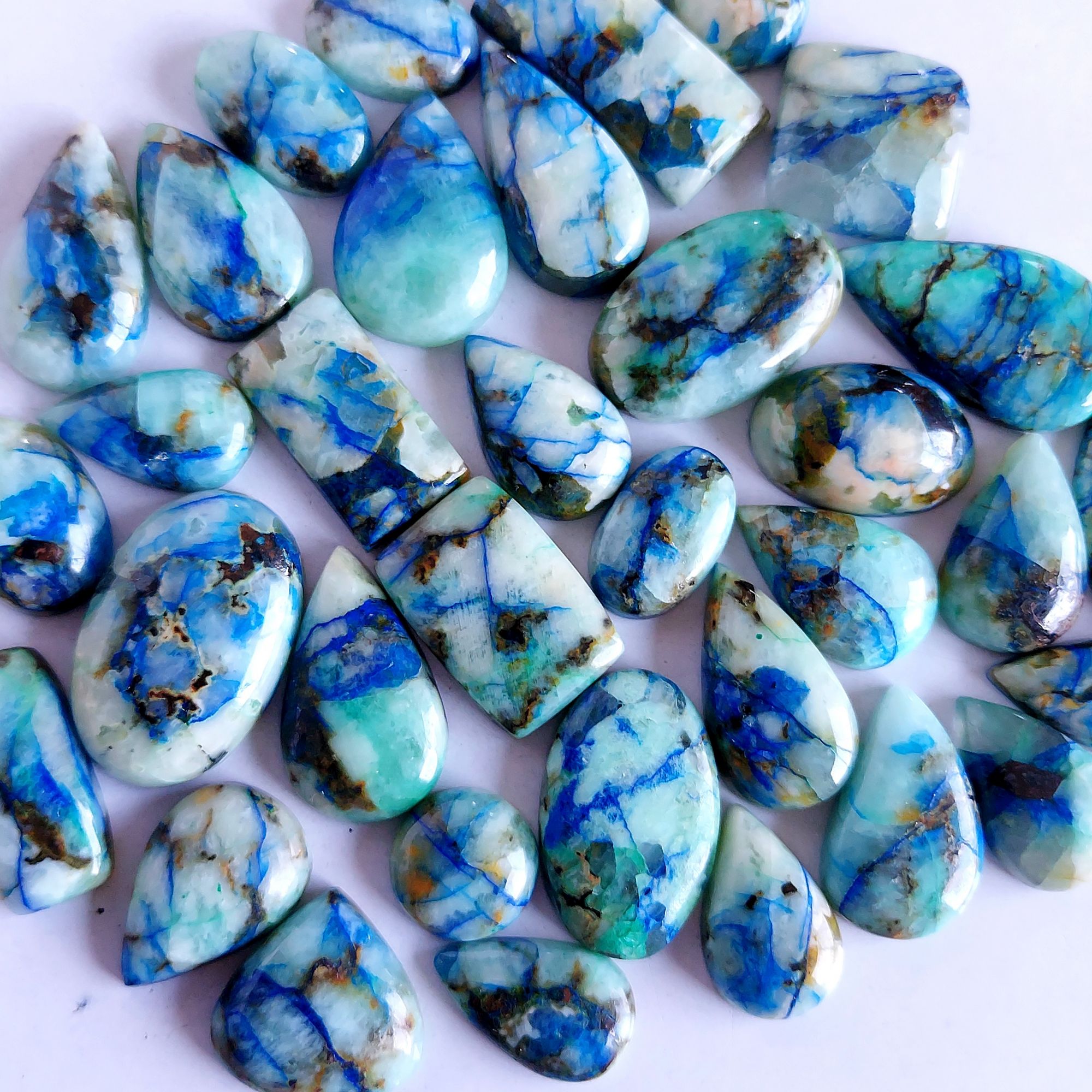 417.Cts 34 Pcs Natural Smooth Azurite Mix Loose Gemstone Cabochon Lot Size 26x12 13x13mm Wholesale Gemstone For jewelry