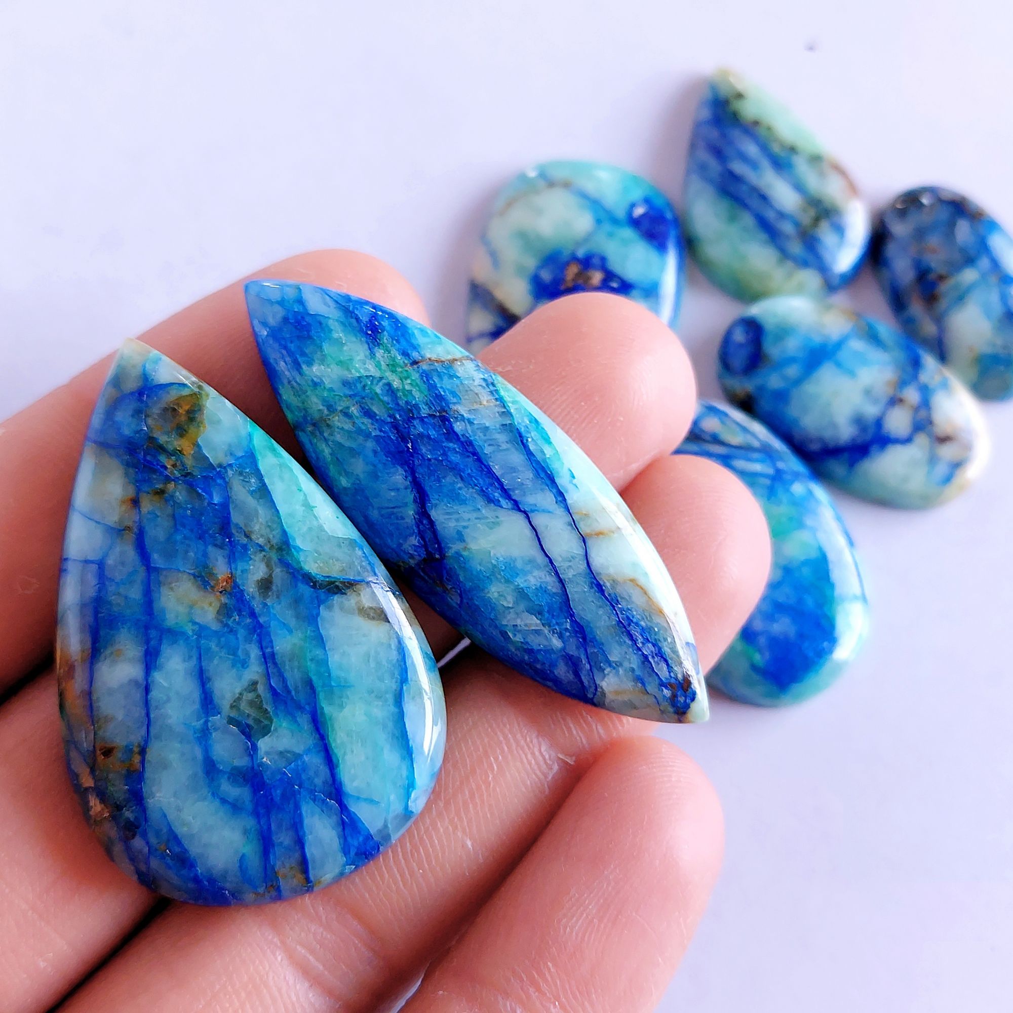 224.Cts 7 Pcs Natural Smooth Azurite Mix Loose Gemstone Cabochon Lot Size 48x16 24x15mm Wholesale Gemstone For jewelry