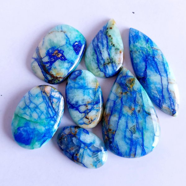 224.Cts 7 Pcs Natural Smooth Azurite Mix Loose Gemstone Cabochon Lot Size 48x16 24x15mm Wholesale Gemstone For jewelry