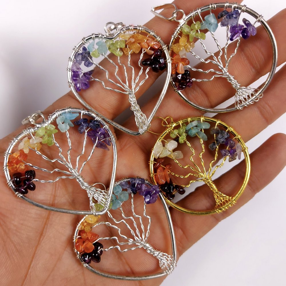 5Pcs 161Cts  Natural Mix Gemstone Vintage Style Tree Of Life Handmade Uncur Beads Gemstone Wire Pendant Lot 50x41 40x40mm#G-426