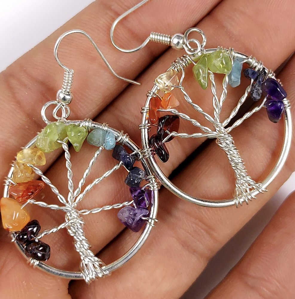 4Pair 183Cts  Natural Mix Gemstone Vintage Style Wire Wrapped Tree Of Life Earrings Wrapped With Semi Precious Stone Pair Lot28x28 28x28mm#G-428