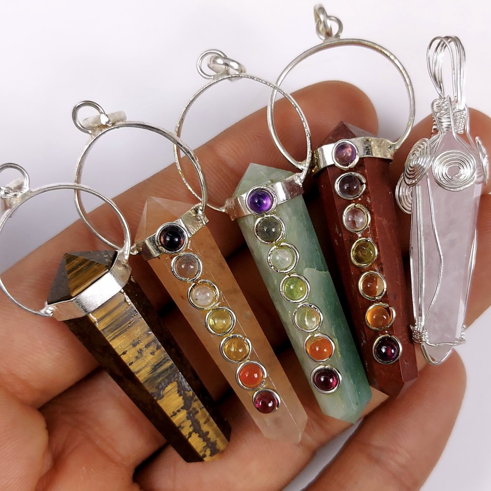 5Pcs 169Cts  Natural Mix Gemstone 7 Chakra Double Point Pencil Wire Wrapped Pendant Jewelry Gemstone 58x9 47x7 mm#G-429