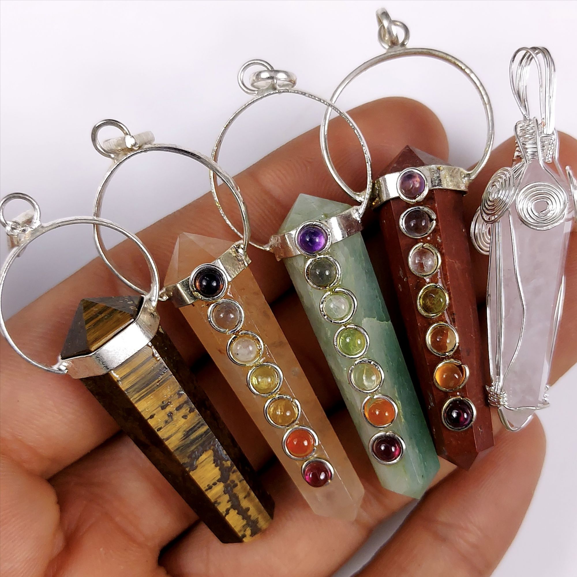 5Pcs 169Cts  Natural Mix Gemstone 7 Chakra Double Point Pencil Wire Wrapped Pendant Jewelry Gemstone 58x9 47x7 mm#G-429