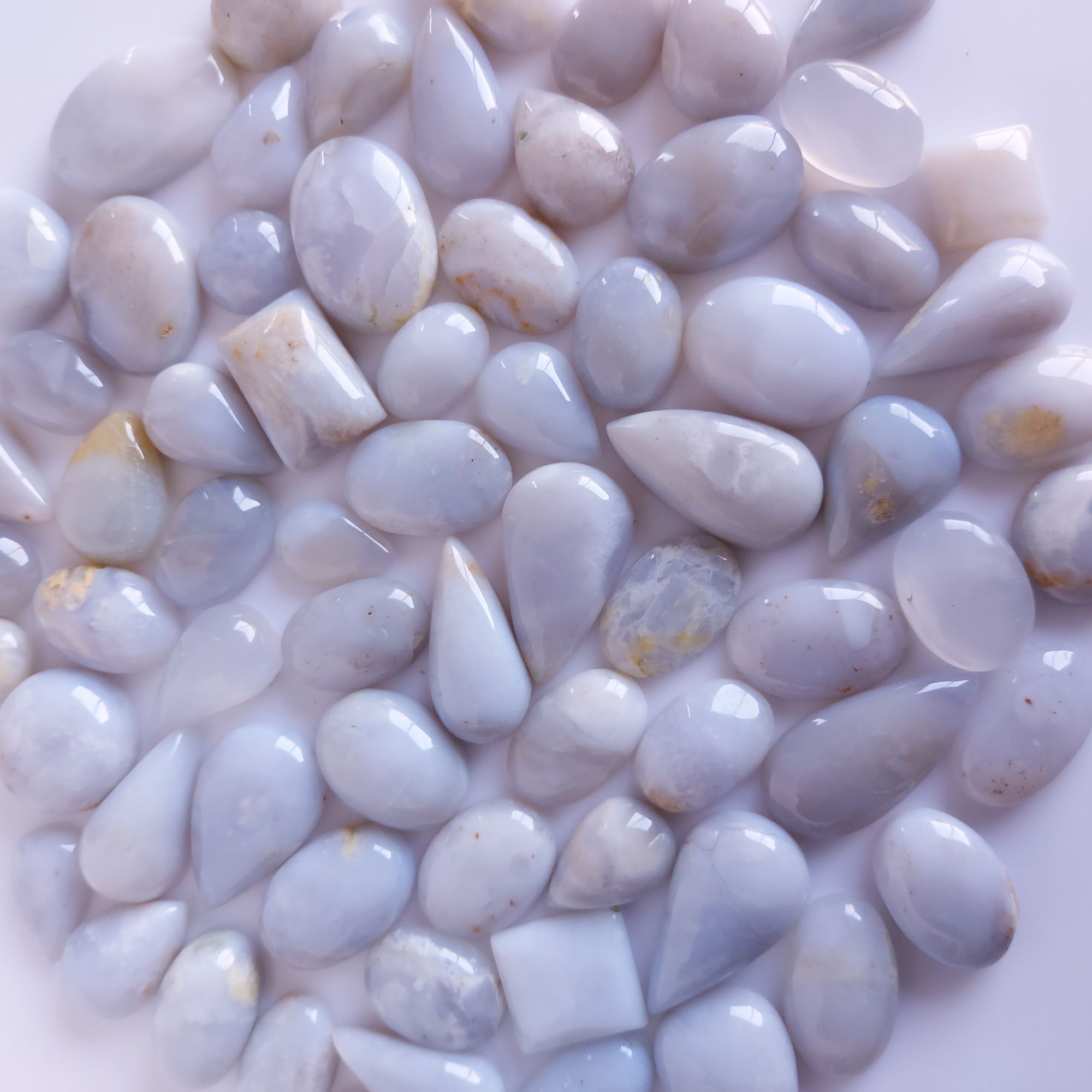 70 Pcs.1094 Cts Natural Blue Chalcedony Cabochon Loose Gemstone For Jewelry Wholesale Lot Size 29x20 18x12 mm