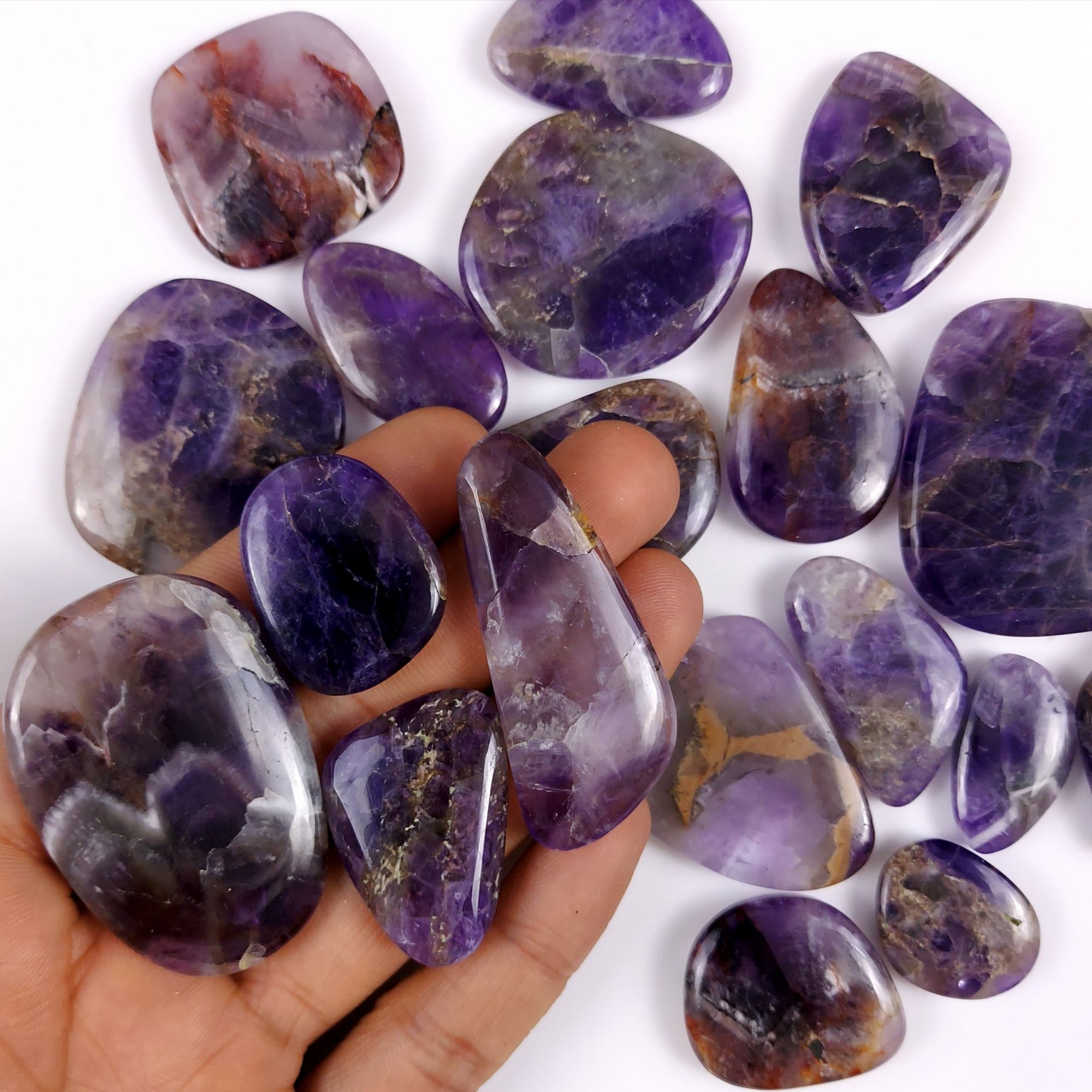 19Pcs 1029Cts  Natural Purple Amethyst Tumble Palm Crystal Stone Briolette Amethyst Pocket Stone Crown Chakra Reiki Crystal 41x41  25x21 mm#G-434