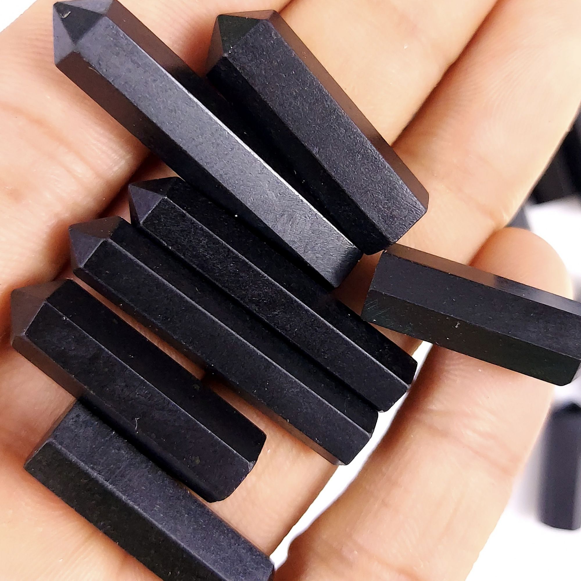 59Pcs 1041Cts  Natural Black Tourmaline Pencil Black Tower Stone Pointed Pencil Stone Tower Cabochon Gemstone 35x5 19x5mm#G-438