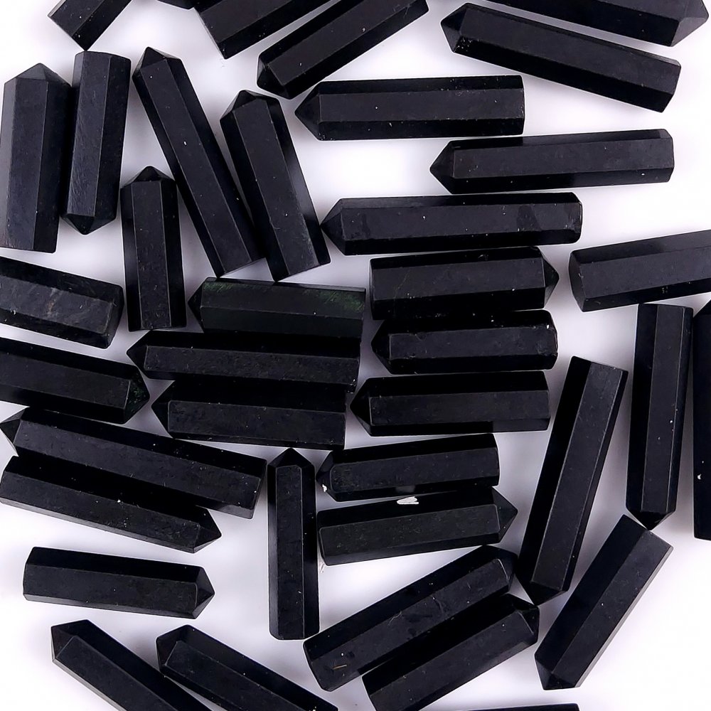 40Pcs 710Cts  Natural Black Tourmaline Pencil Black Tower Stone Pointed Pencil Stone Tower Cabochon Gemstone 32x5 20x5 mm#G-443