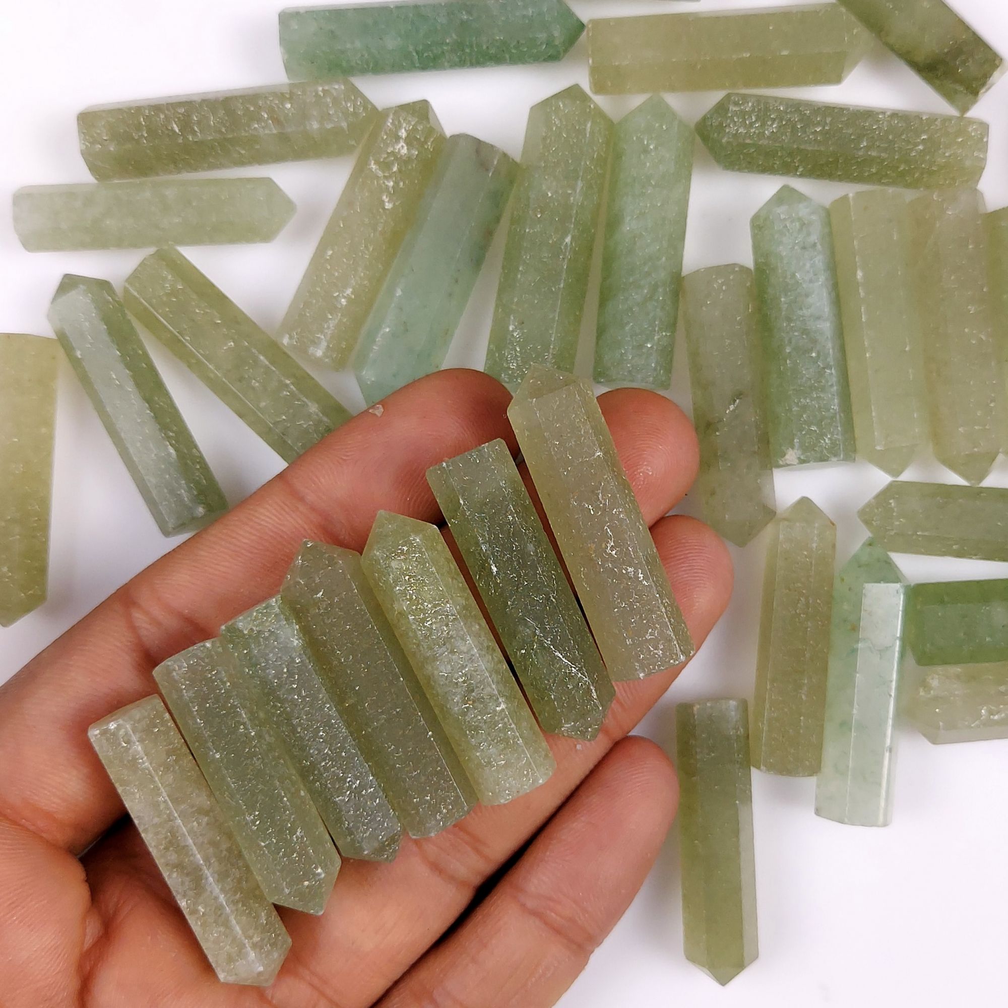34Pcs 921Cts  Natural Green Aventurine Points Healing Crystals Pencil Gemstone Towers Aventurine Crystal Points Cabochon Gemstone Lot 33x7 31x5 mmG-452