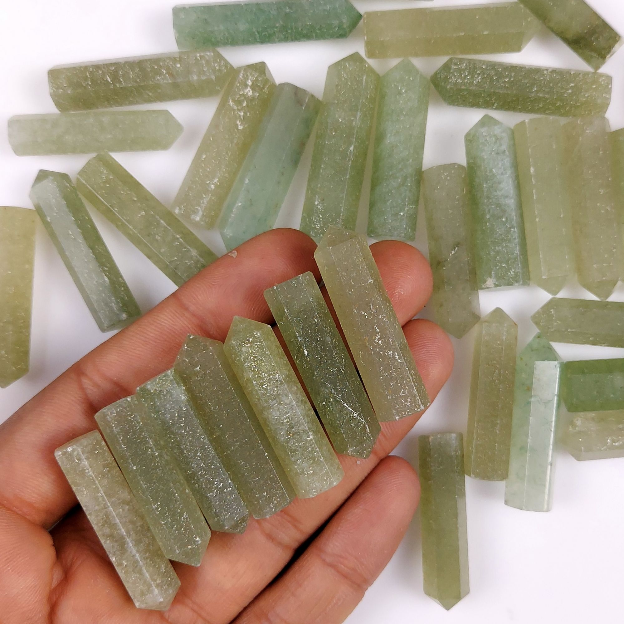 34Pcs 921Cts  Natural Green Aventurine Points Healing Crystals Pencil Gemstone Towers Aventurine Crystal Points Cabochon Gemstone Lot 33x7 31x5 mm#G-452