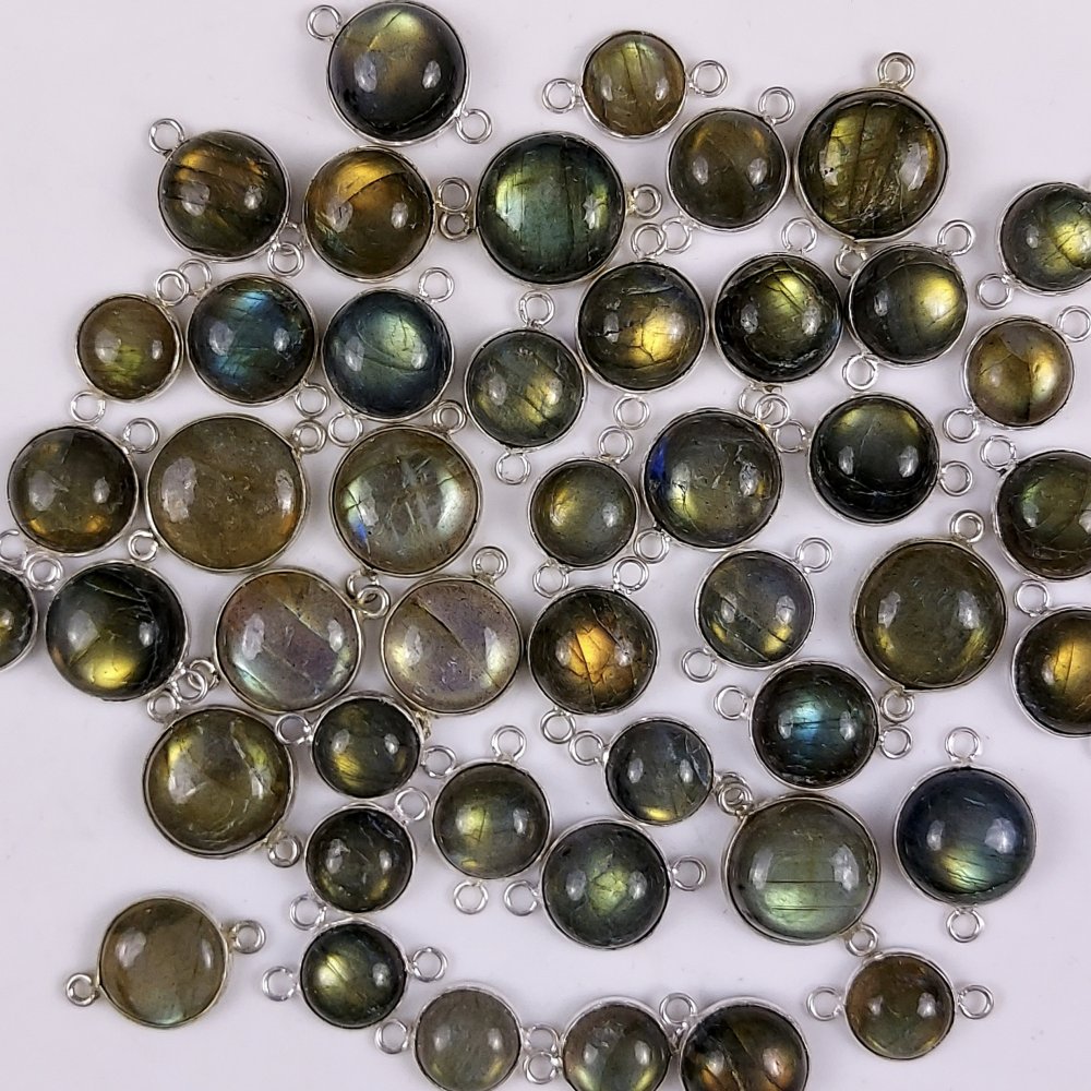 46Pcs 371Cts  Natural Multi Fire Labraadorite Connectors Lot Round Cabochon Silver Plated Connectors Wholesale Labradorite 20x13  15x8mm#G-463