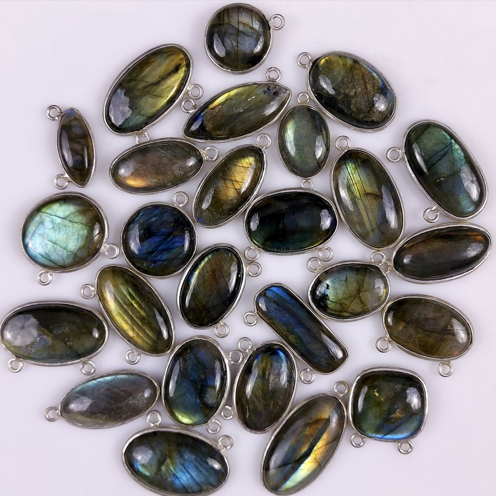 26Pcs 527Cts  Natural Multi Fire Labraadorite Connectors Lot Mix Shape Cabochon Silver Plated Connectors Wholesale Labradorite For Jewelry Making Gift For Her 30x13 12x7mm#G-464