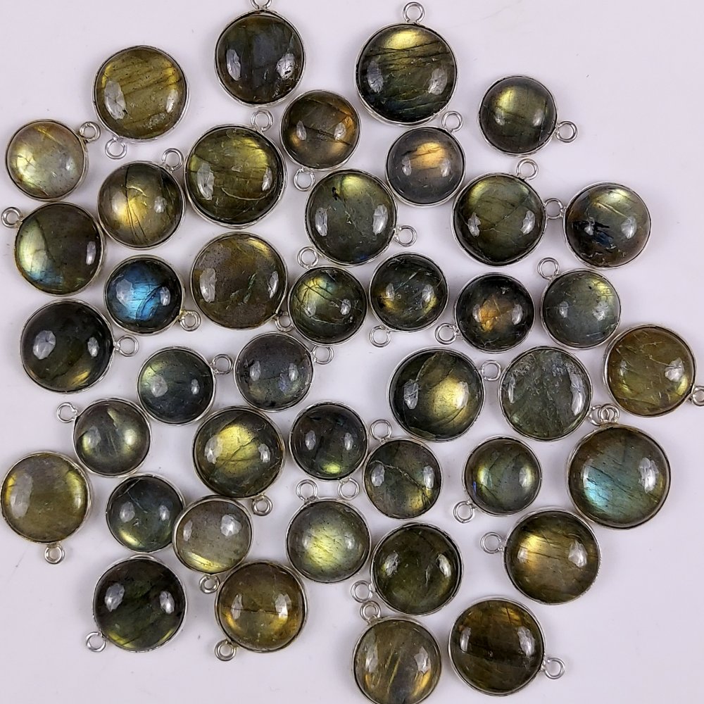 41Pcs 399Cts  Natural Multi Fire Labraadorite Connectors Lot Round Cabochon Silver Plated Connectors Wholesale Labradorite 16x12 13x10 mm#G-465