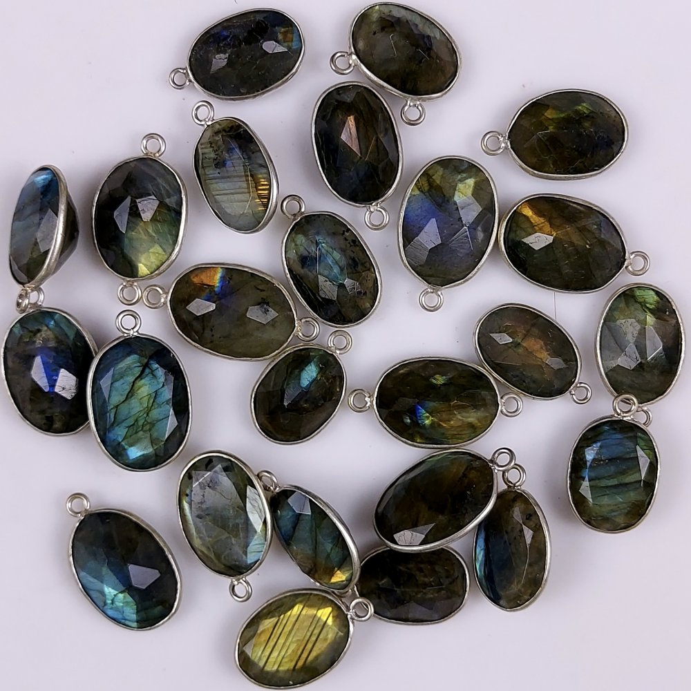 25Pcs 368Cts  Natural Multi Fire Labraadorite Connectors Lot Oval Faceted Cabochon Silver Plated Connectors 23x13 20x11mm#G-466