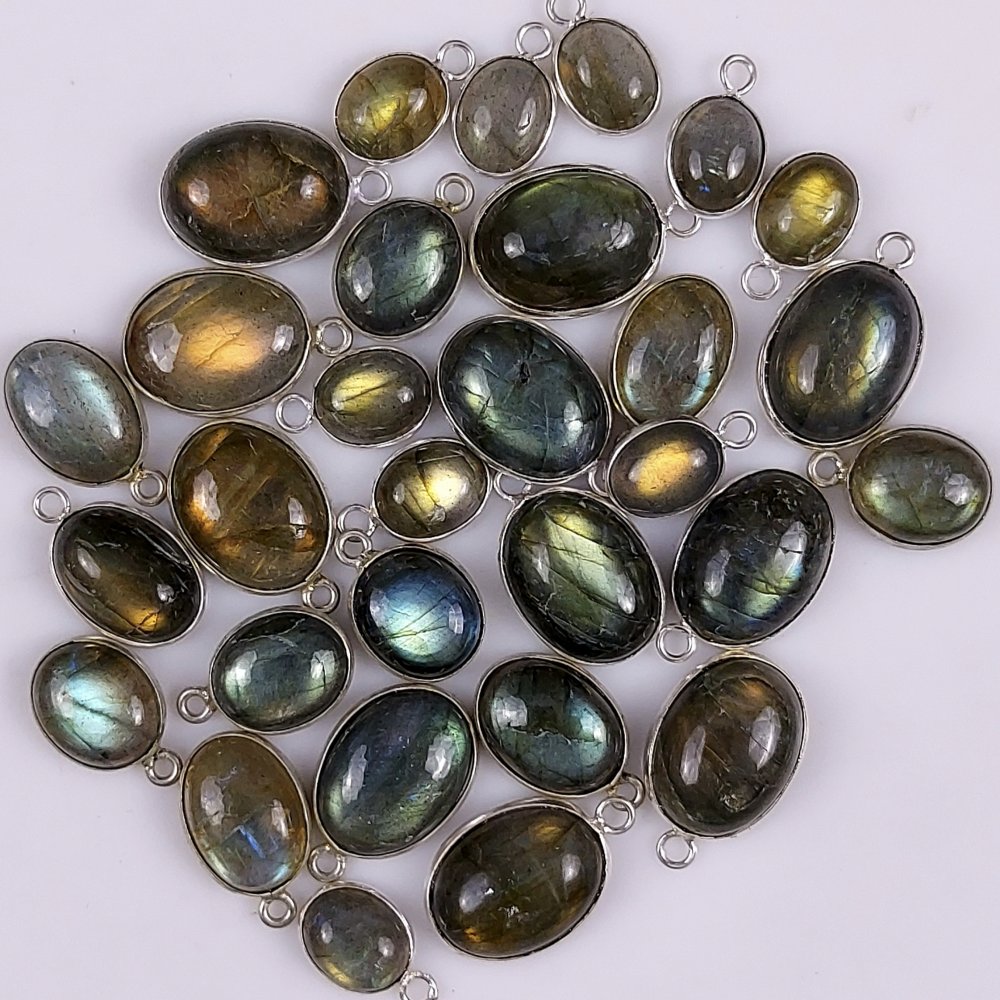 30Pcs 443Cts  Natural Multi Fire Labraadorite Connectors Lot Oval Cabochon Silver Plated Connectors Wholesale Labradorite For Jewelry Making Gift For Her 26x12 12x9mm#G-469