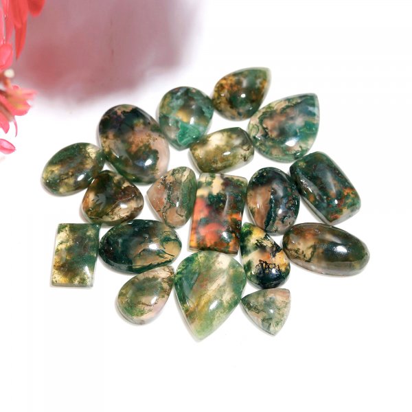 18 Pc 169 Cts Natural Green Moss Agate Mix Loose gemstone cabochon Wholesale lot polished both side Size 20x12 8x8mm
