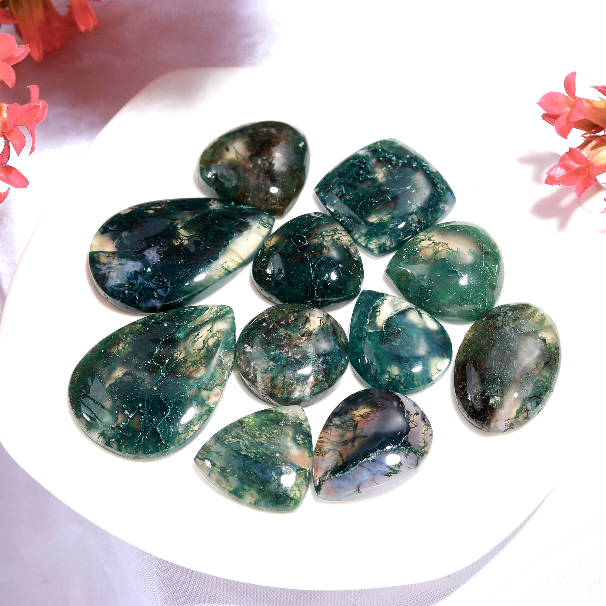 11 Pc 172 Cts Natural Green Moss Agate Mix Loose gemstone cabochon Wholesale lot polished both side Size 28x20 15x15mm