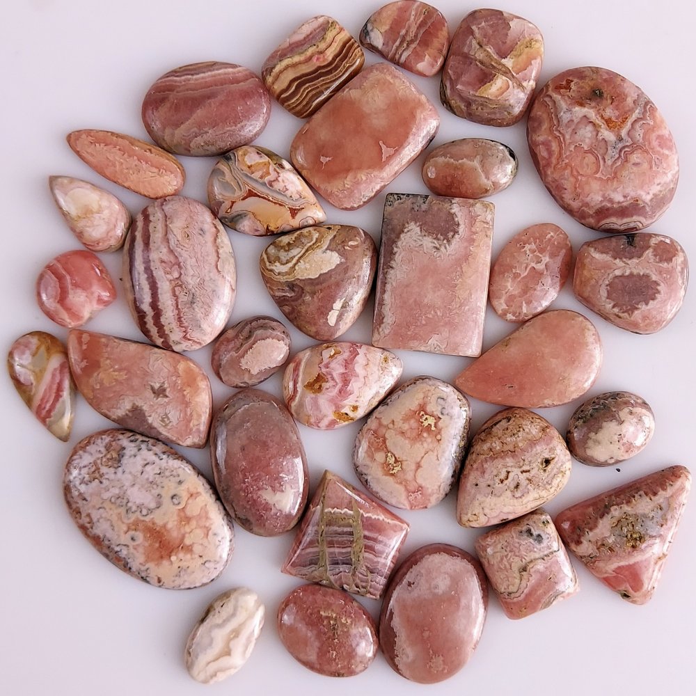 32Pcs 797Cts Natural Rhodochrosite Cabochon Loose Gemstone Lot Both Side Polished 35x21 17x9mm#479