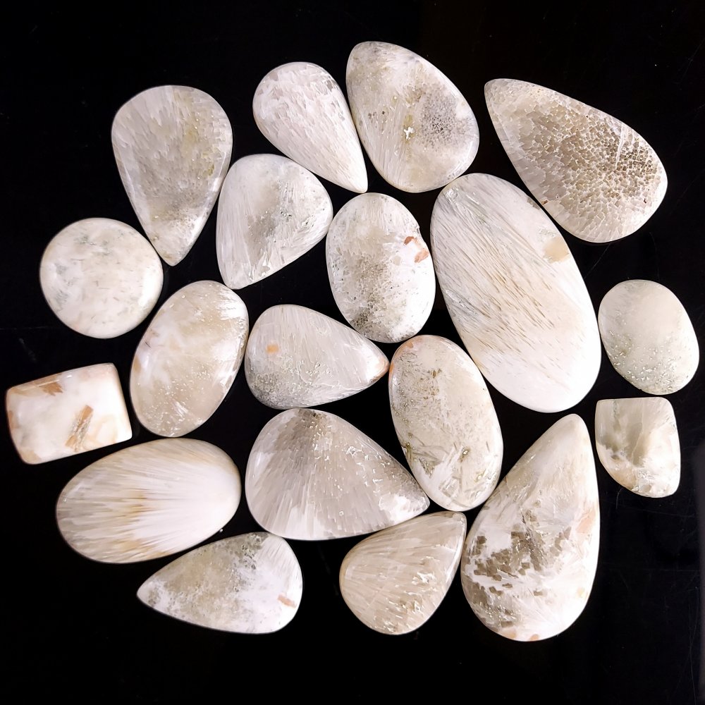 19Pcs 653Cts  Natural White Scolecite Cabochon Palm Gemstone Lot Back Unpolished 52x25 22x15mm#482