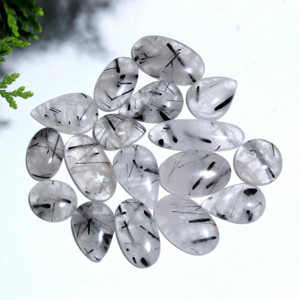 17 Pcs. 263Cts. Natural Black Crystal Rutile Quartz Mix Cabochon Loose Gemstone Wholesale Lot Size 35x12 19x14 mm.