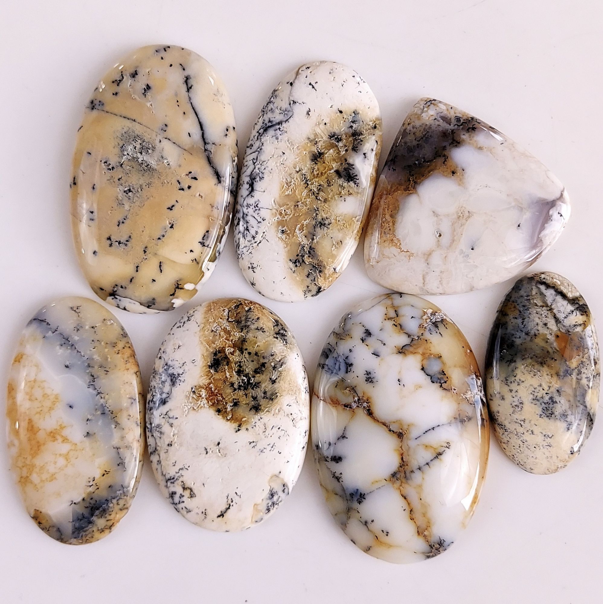 7Pcs 662Cts Natural White Dendrite Opal Loose Cabochon Gemstone Both Side Polished 56x36 40x22mm#493