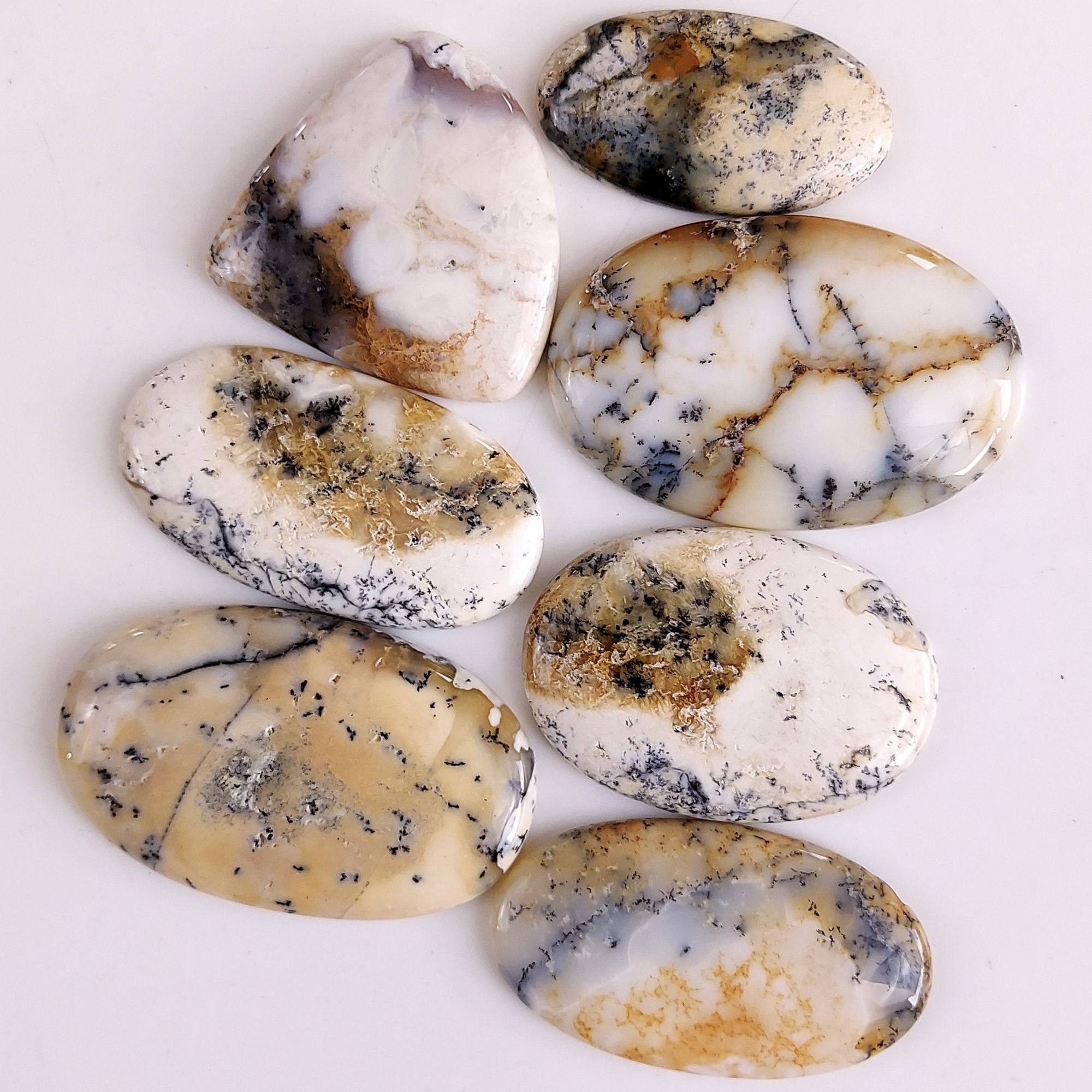 7Pcs 662Cts Natural White Dendrite Opal Loose Cabochon Gemstone Both Side Polished 56x36 40x22mm#493