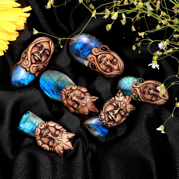6 Pcs 686Cts. Natural Labradorite Wholesale Lot Mix Gemstone Polymer Clay God Face Pendant Size 57x22 48x22mm