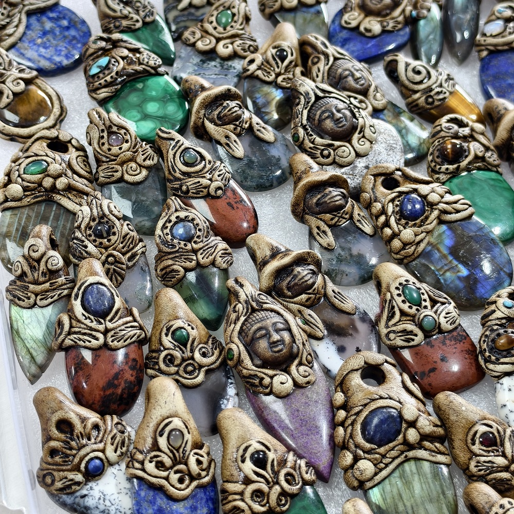 Natural Mixed Gemstone Polymer Clay Pendant 35x199x11mm 60x25x11mm Avg 90 Carat