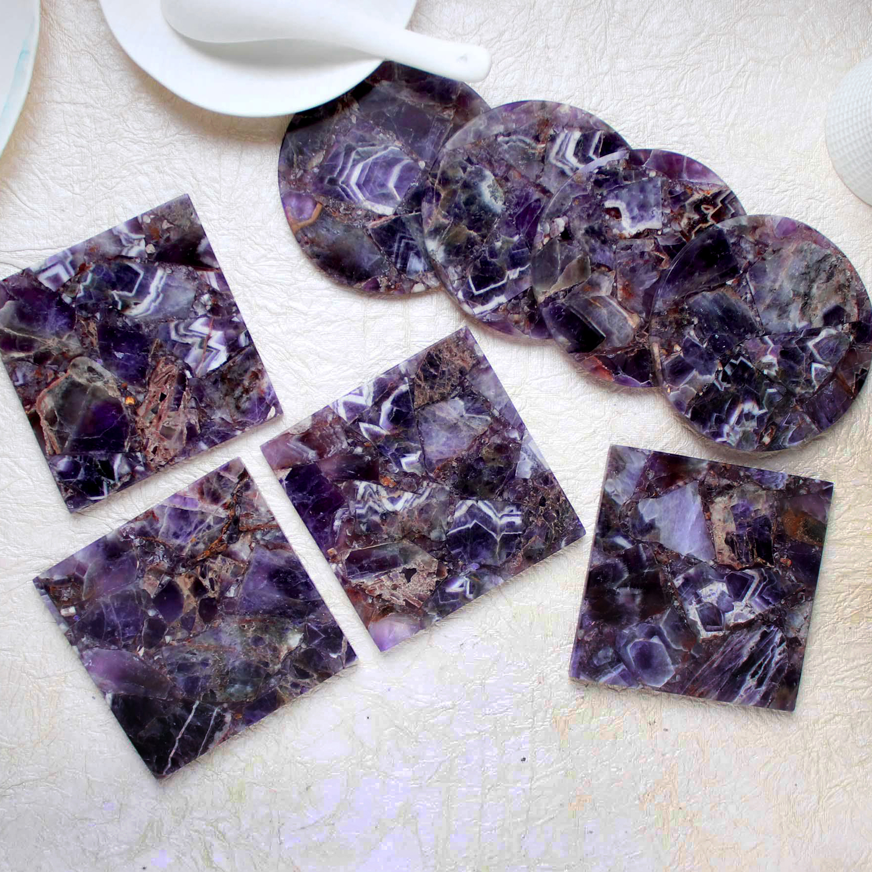 Natural Amethyst 4" Square And Round Coasters Set